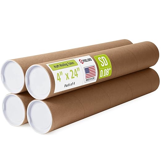 4" x 24" Reinforced Kraft Paper Mailing Tubes, Pack of 4 Tubes with 2 Caps Each – USPS Approved Poster Tube – Made in USA Cardboard Tube for Shipping and Storing Posters, Prints, Artwork, or Documents