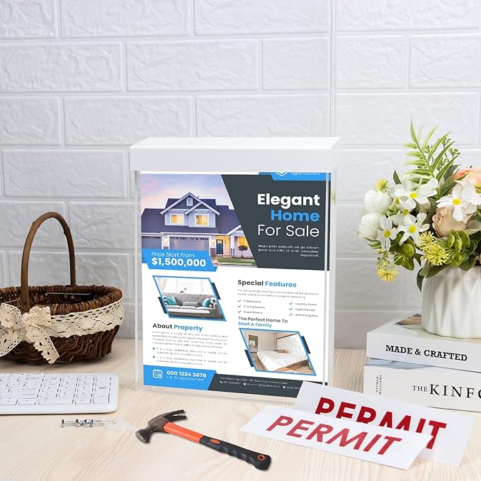 9.1" x 11.6" Outdoor Permit Brochure Holder Waterproof Wall Mount Literature Box with Lid Screws Clear Acrylic Document Holder Fits Letter Size A4 Flyers Booklets Pamphlets Includes "PERMIT" Decal