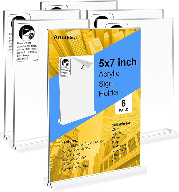 Anwesti 6 Pack Acrylic Sign Holder 5x7 Inches, Clear Small Acrylic Document Holder Frames, Plastic Table Brochure Sign Holder for Office, Events, School, Shop, Trade suppliers