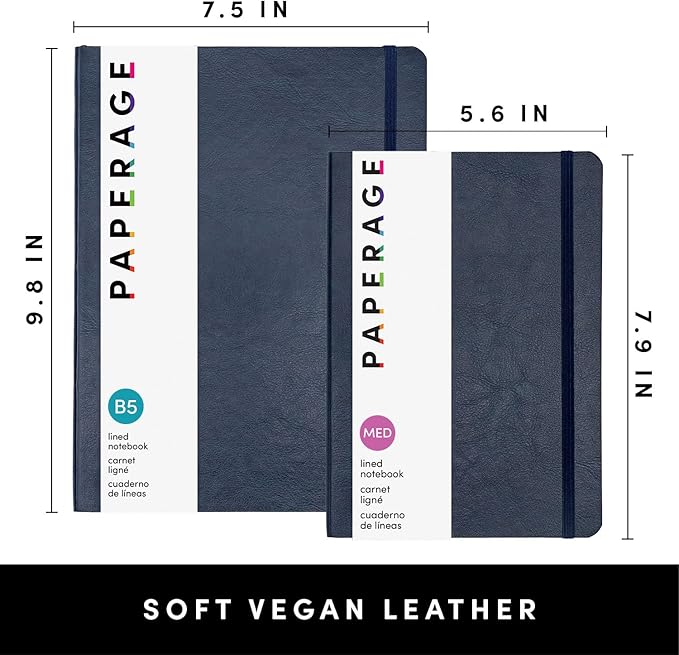 PAPERAGE Softcover Lined Journal Notebook (Navy), 176 Pages, Large B5 College Ruled Notebook, 7.5 inches x 9.8 inches - 100 GSM Premium Paper, Soft Vegan Leather Journal for Home, Work & School