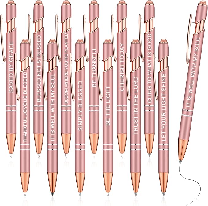 Zonon 12 Pcs Inspirational Pens Bulk Funny Ballpoint Pen with Stylus Tip Motivational Gifts for Valentine's Day Teacher Coworkers Nurse School Office Supplies(Rose Gold,Bible Style)