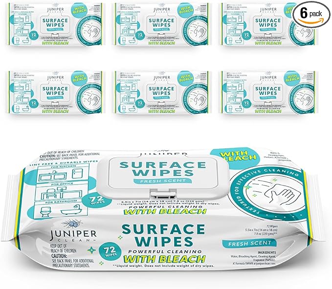 Juniper CLEAN 6 Pack Surface Cleaning Wipes with Bleach, All-Purpose Cleaner for Bathroom, Kitchen, Office, 72 Count Soft Flow, Fresh Scent, Lint Free & Durable