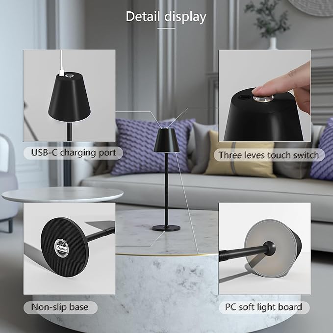 Timjorman 2-Pack Cordless Table Lamps - 5000mAh Rechargeable Battery Operated Desk Lamp, 3-Level Dimmable LED Night Light for Bedroom, Dining, Restaurant - Metal Design (Black 2-Pack)