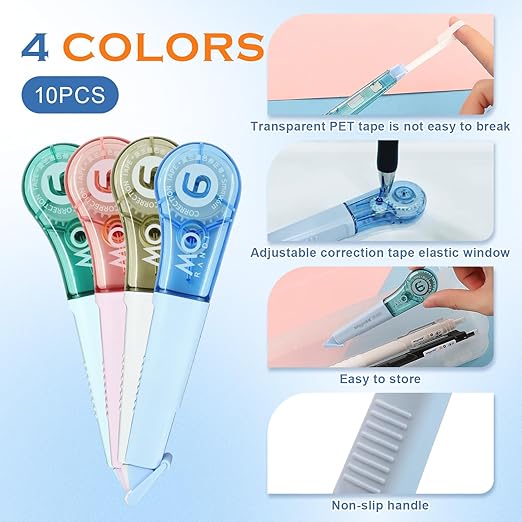 EQUNROY 10 Pcs Correction Tape for Instant Error Fixing, Easy-to-Use Pen-Style Applicator, 1/5 Inch x 236 Inches, Aesthetic Office & School Supplies