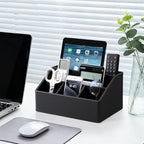 Cretkhp Remote Control Holder with 5 Compartments for Office Art Supplies, PU Leather Nightstand Organizer Pencil Pen Desk Caddy for Home, Desktop TV Remote Control Organizer Storage (Black)