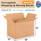 Medium Shipping & Moving Boxes 18 x 12 x 12 inches (5-Pack) - Extra Strength 200 lb vs Regular - Corrugated Moving Boxes for USPS/FEDEX - Medium Size Moving Box - Corrugated Box by IDL Packaging