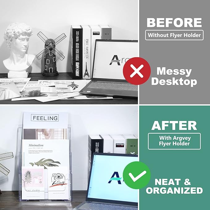 Argvey Acrylic Brochure Holder 8.5 x 11 inches, 4 Tier Clear Brochure Display Stand with Removable Divider for Trifold 4 Inches Wide Pamphlet, Plastic Flyer Holder for Magazine, Literature, Booklet