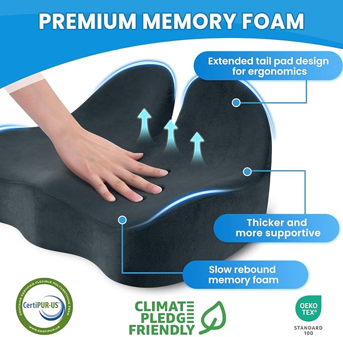 CushZone Seat Cushion, Memory Foam Office Chair Seat Cushion for Office Chairs/Car/Long Trip/Desk Chair/Gaming, X-Large Size for Sciatica & Hip & Tailbone Pain Relief, Sciatica Support (Deep Green)