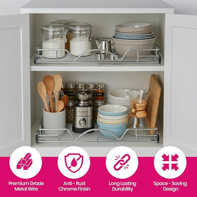HOLDN’ STORAGE Pull Out Cabinet Organizer, Heavy Duty Caddy w/Lifetime Limited Warranty -20”W x 21”D - Requires At Least 21-1/4” Cabinet Opening, Steel Metal Cabinet Drawers Slide Out, Chrome