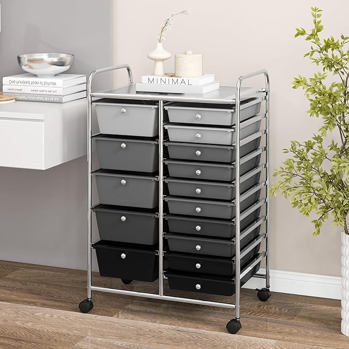 COSTWAY 15 Drawers Storage Cart, Multipurpose Rolling Utility Cart on Wheels w/Lockable Wheels & Removable Drawers, Mobile Tools Scrapbook Paper Organizer Cart for Office School Home, Mixed Black