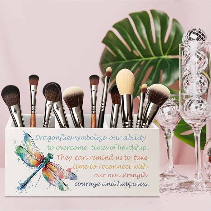 URLLUAE Inspirational Dragonfly Wooden Pen Pencil Holder for Office Desk Accessories, Motivational Gifts for Women, Encouragement Gifts Makeup Brush Toothbrush Holder Organizer