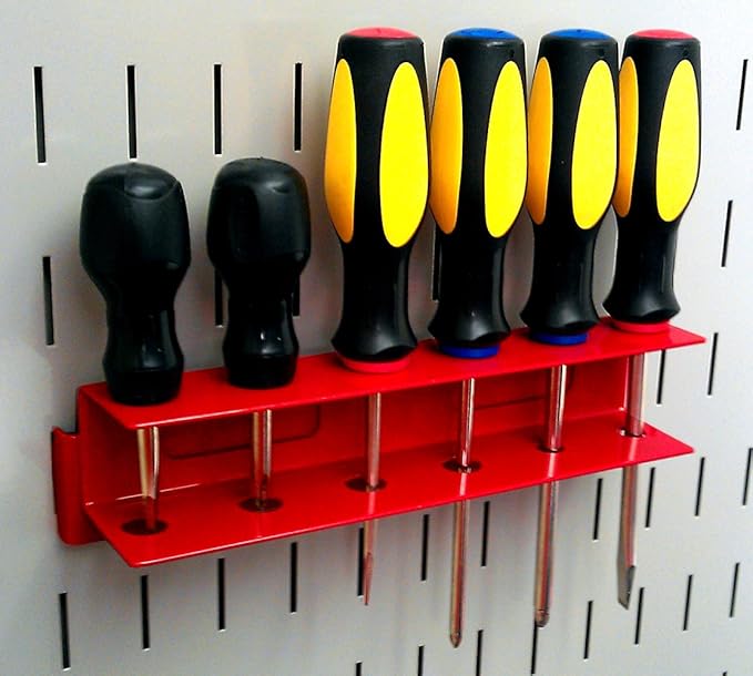 Wall Control Screwdriver Holder Bracket Slotted Metal Pegboard Accessory Slotted Tool Board - Red