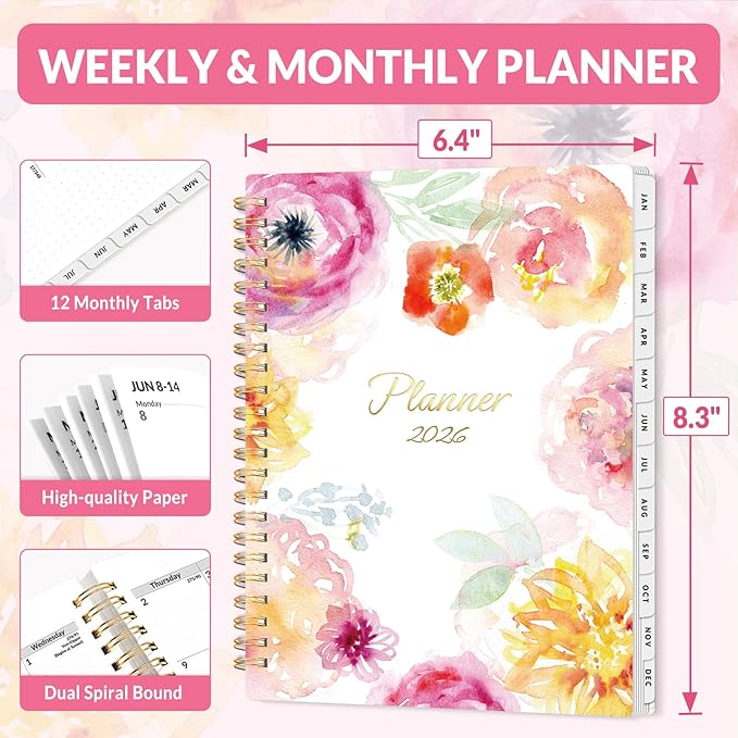 SUNEE 2026 Planner, Weekly and Monthly Calendar Planner, January 2026-December 2026, Daily Agenda with Tabs, Note Pages, Spiral Binding, 6.4"x8.3", Watercolor Flowers