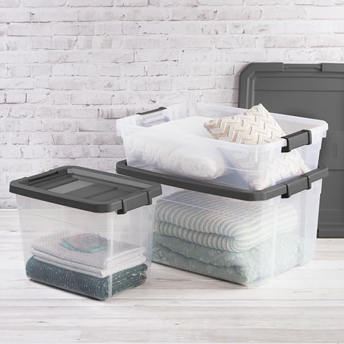 Sterilite 24-Pack Modular Stacker Box, Durable Clear Plastic Storage Bins with Latching Lids, 16 Quart - Stackable Organizing Container Boxes for Closet, Bathroom, and Office