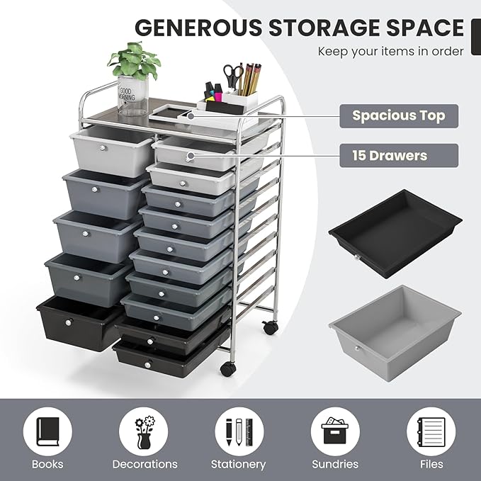 GOFLAME 15-Drawer Rolling Storage Cart, Craft Storage Cart with Removable Drawers & Lockable Wheels, Art Cart Supply Storage Organizer for Home Office Classroom, Gray Gradient