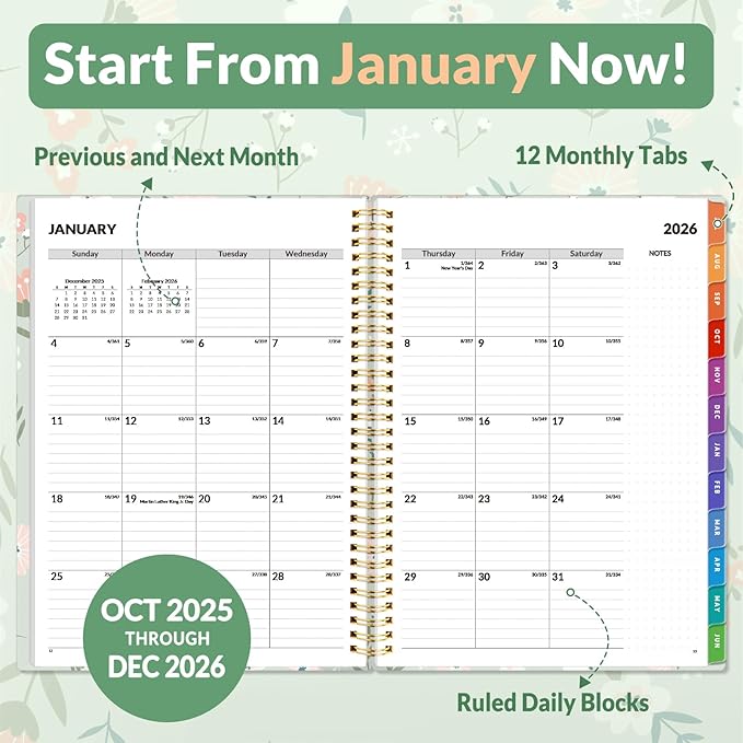 SUNEE 2026 Weekly and Monthly Planner - from January 2026 - December 2026, Daily Agenda Planner with Monthly Tab, Flexible Cover, Note Pages, Pockets, Bookmark, Spiral Binding, Green Wildflowers, 8.5"x11"