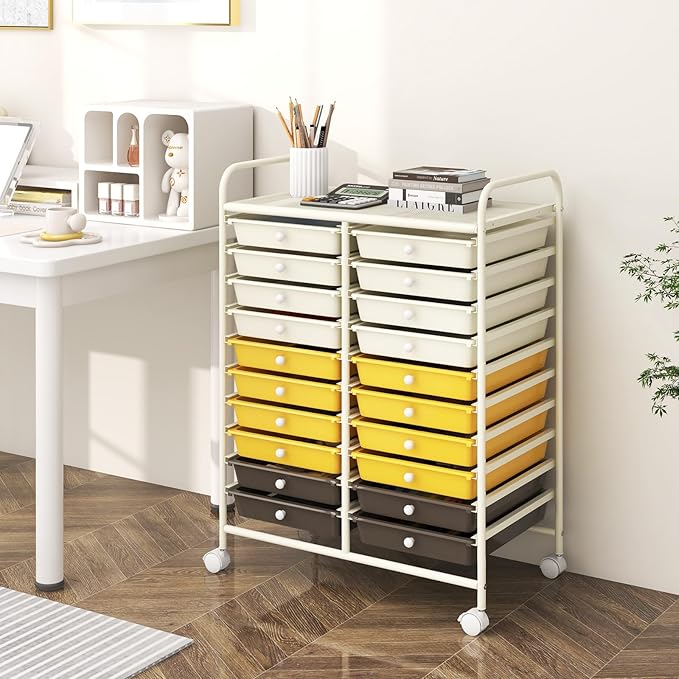 Happygrill 20-Drawer Organizer Cart Tools, Mobile Utility Storage Cart with Removable Drawers & Lockable Wheels, Rolling Storage Cart with wheels for Home Office School (Yellow, Beige & Grey)