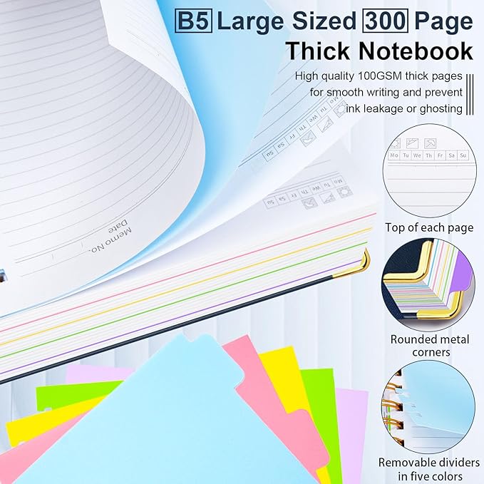 Hardcover Spiral Notebook 8"x10" Journal Notebook with Tabs and Removable Dividers 300 Pages 5 Subject Notebook College Ruled, Faux Leather Spiral Bound Notebook for Women School Work (Dark Blue)