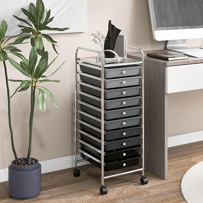GLACER 10 Drawers Rolling Cart, Storage Cart with w/Removable Drawers & Steel Frame, Utility Mobile Trolley w/Universal Casters & 2 Brakes, Organizer Cart for Home, School, Office (Gradient Grey)