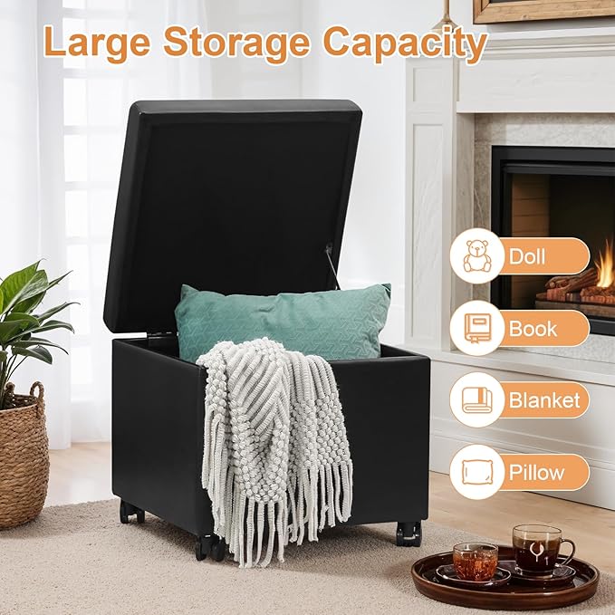 Homebeez Leather Storage Ottoman with Steerable Rolling Wheels, 17.9" Square Small Foot Rest Stool Tufted Cube Footstool with Hinged Lid, Load 300 lb, for Living Room, Bedroom, Entryway, Black