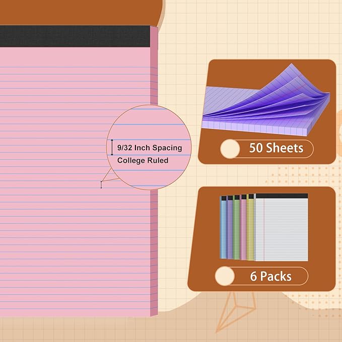 6 Pack Legal Pads 8.5 X11, College Ruled Notebook, 300 Sheets Colored Note Pad, Writing Pads 8.5x11, Tear Off Notepad, Lined Paper, Notebook Paper for Office Home School, 50 Sheet/Pad