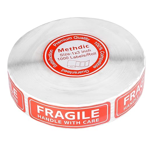 Methdic Fragile Stickers - 1"x 3" Strong Adhesive Fragile Labels 1 Roll/1000 Labels(Handle with Care,Fragile) Stickers for Shipping and Moving