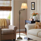 Traditional LED Floor Lamp with 350° Adjustable Swing Arm Lamp – Vintage Standing Pole lamp for Living Room, Bedroom and Office – Rustic Upright Floor Light for Home Décor with Silk Fabric Shade