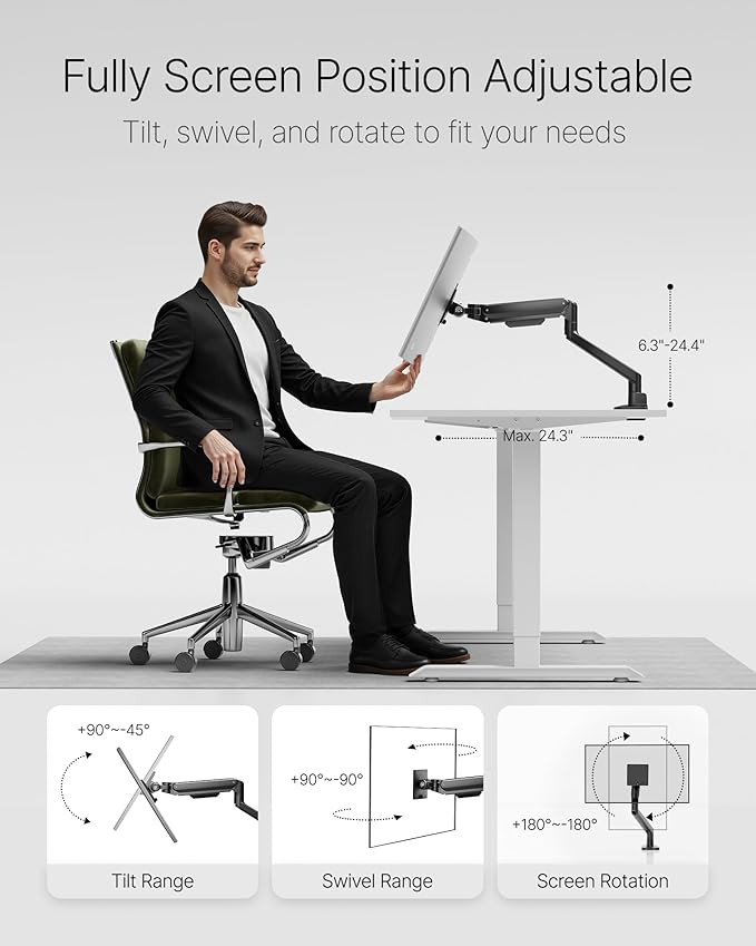 monTEK Deluxe Monitor Arm with USB A/C up to 40 Inch Holds 26.4 lbs Curved Screens Aluminum Fully Motion Single Monitor Stand with Clamp/Grommet, Quick Release Plate,75/100mm VESA, MA1008UCBK