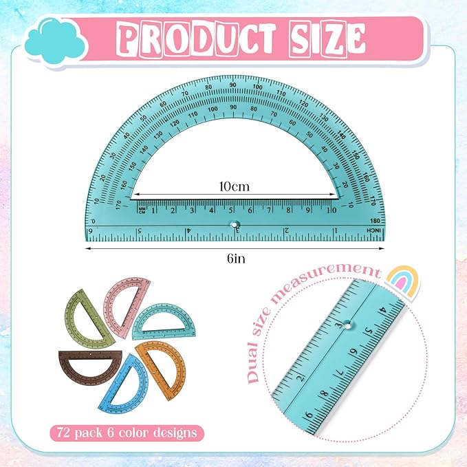 Sayglossy 72 Pcs of Colorful Plastic Protractors 180 Degrees 6 Inches Mathematical Protractor Translucent Geometric for Learn Office Measurement Drawing