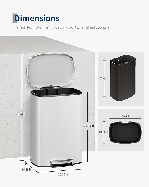 Garvee 13 gal / 50 L Metal Kitchen Trash Can with Lid, Large Rustproof Garbage Can for Kitchen, Step-on Trash Bin with Inner Bucket, Rear Handle, Soft Close Lid, White