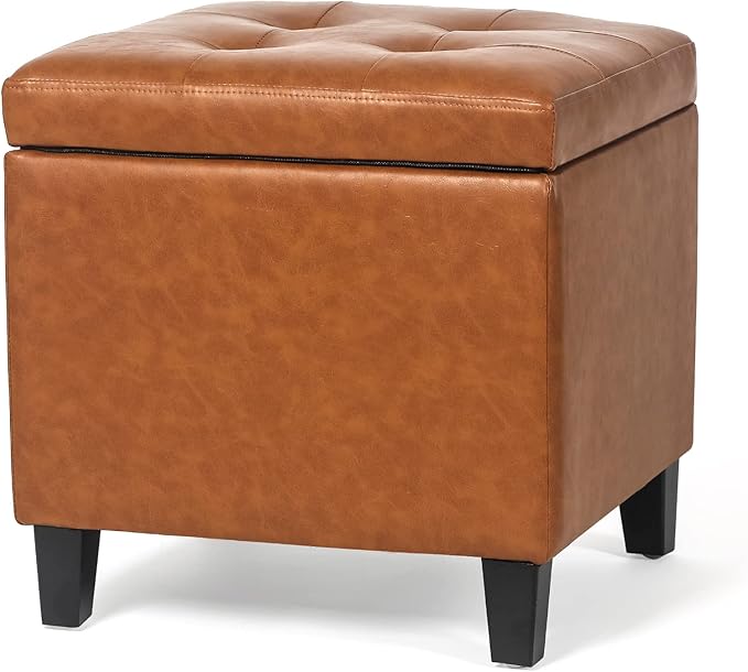 Adeco 17.7" Leather Cube Storage Orange Ottomans for Living Room