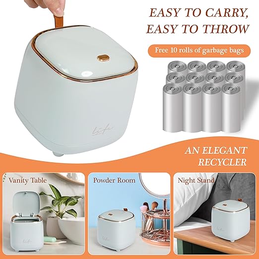 Daphilly Mini Countertop Trash Can with 12 Rolls of Trash Bags, Desk Trash Can Tiny Trash Can with Press Type Lid, light blue