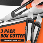 JOYUMY 3 Pack Utility Knife Box Cutter Retractable, Compact Box Knife for Cartons, Cardboard and Boxes, with 10 Piece 18mm Wider Snap-off Blade Razor Sharp Blade, Perfect for Office and Home Use