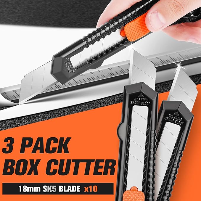 JOYUMY 3 Pack Utility Knife Box Cutter Retractable, Compact Box Knife for Cartons, Cardboard and Boxes, with 10 Piece 18mm Wider Snap-off Blade Razor Sharp Blade, Perfect for Office and Home Use