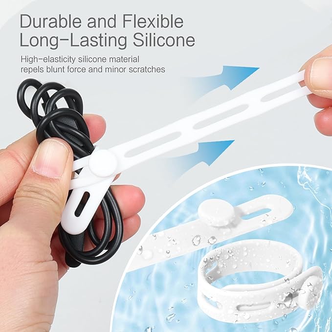 Donruby 24Pcs Silicone Cable Ties - Reusable & Washable with Locking Buckles, Adjustable Fastening Cable Management Straps, Multi-Purpose High Elasticity Cord Organizer (White)