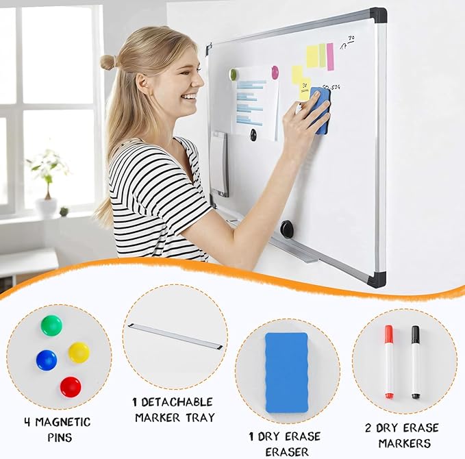 NEWBULIG White Board, 48" x 32" Magnetic Dry Erase Board for Wall with 1 Dry Eraser & 2 Multi-Color Markers & 4 Magnetic Pins, Silver Aluminum Frame for Office, Home, School