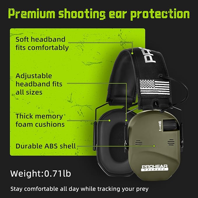 PROHEAR 022 Electronic Ear Protection for Shooting & Hunting - 29dB SNR Noise Reduction, 5X Sound Amplification, 4 Omnidirectional Microphones, HD Speakers - Gun Range Hearing Protection Muffs,Green
