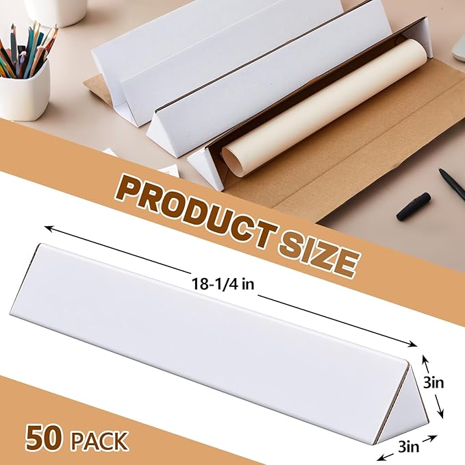 Tatuo Pack of 50 Triangle Mailing Tubes 18.25 L x 3 w x 3 h Corrugated Cardboard Tubes, Oyster White, for Protecting, Shipping, Mailing and Storage of Blueprints, Artwork, Crafts, Long Art Holder