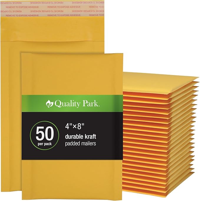 Quality Park Bubble Mailers, 4 x 8 Shipping Envelopes, Self-Seal, Small Kraft Padded Envelopes, Redi-Strip Peel Off Closure, 50 Per Box (QUA85928)