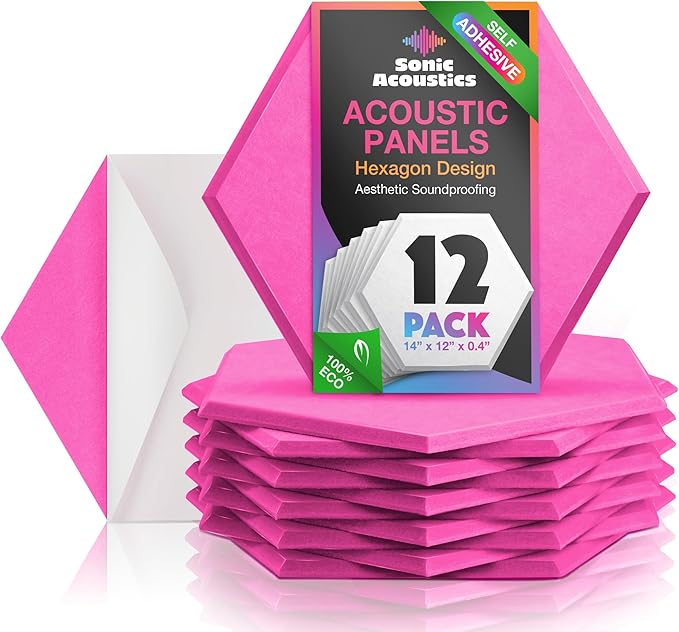Acoustic Panels 12 Pack Soundproof Wall Panels, 14" X 12" X 0.4" Sound Proof Panles, High-Density Wall Decoration Sound Absorbing Panel, Hexagon Wall Panel for Home Office with Self-Adhesive (Pink)
