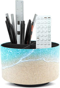 Hennaja Round Leather Art Supply Organizer,Remote Control Holder,360 Degree Rotating,Multi-Functional Pencil Holder,4 Compartments Desktop Stationary Organizer(1-Sandbeach)