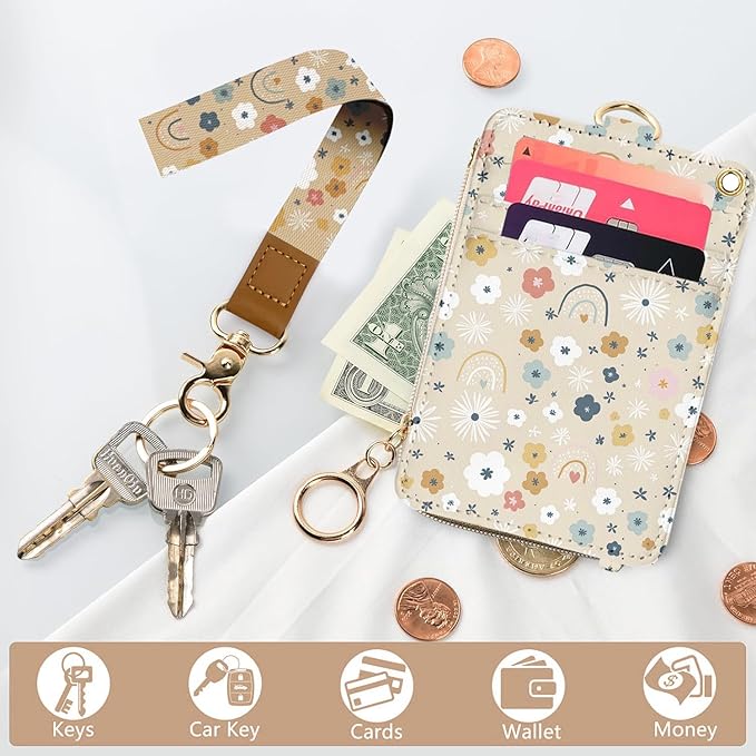 bolimoss Floral Lanyard Wallet & ID Badge Holder 2-in-1, Cute Women Badge Holder with Lanyards, Leather ID Badges Holder for Nurse Teacher Student Office（Flowers Rainbows）