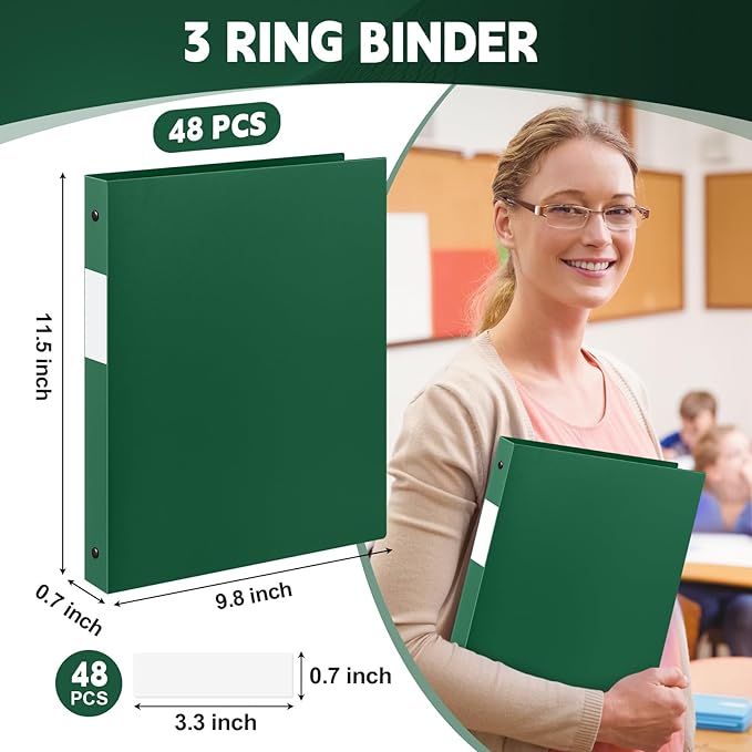 Henoyso 48 Pcs 3 Ring Binder 0.5 Inch Round Fits Letter Size 8.5'' x 11'' Paper Plastic Flexible Binder Bulk Holds 140 Sheets with 1 Pockets Versatile Organizer for Home Office School (Dark Green)