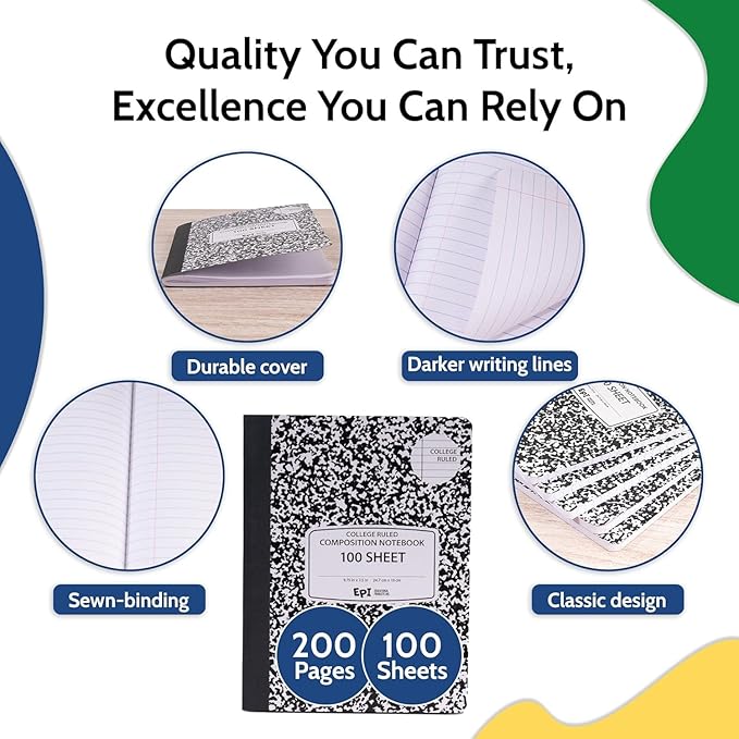 EPI 2016 Pack (Pallet) College Ruled Composition Notebook Bulk, 200 pages (100 Sheets), 9-3/4 x 7-1/2, Black Marble, Bulk School Supplies, Heavy Duty, Durable Office Notebooks, Sturdy Sewn Binding