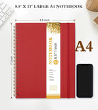 Spiral Notebook Journal 8.5” x 11”, A4 Large Notebooks for Women Men, College Ruled Lined Journal, 100 GSM Paper, Hardcover Spiral Bound Journals for Work School Writing Note Taking Business, Red
