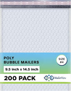 White Large Poly Bubble Mailers 9.5x14.5 inch #4 | Self Seal Padded Envelopes Cushioned Bubble Mailer | Usable Size 9.5x13.5 | WaterProof | Lightweight mailing Shipping Bags | 200 Pack Bulk | USA Made