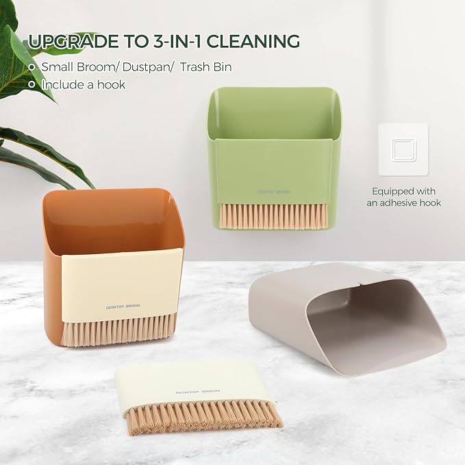SAYAPE Small Broom and Dustpan Set, Portable Hand Whisk Broom Brush, Mini Hanging Trash Can, Soft Bristle Household Brooms with Dust Pan Combo Set for Cleaning Home, Desktops - 2 Pack (Green+Orange)