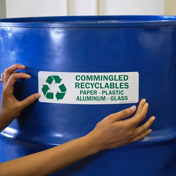 SmartSign Commingled Recyclables Sticker - Paper, Plastic, Aluminum Glass Pack of 5 Labels | 3" x 10" Laminated Vinyl, Made in USA