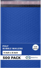 MAILERVIEW Royal Blue Small Bubble Mailers 4x8 Inch #000 | Thick Padded Poly Bubble Mailer Envelopes | 500 Pack Bulk | Trading Card Sports Card Shipping