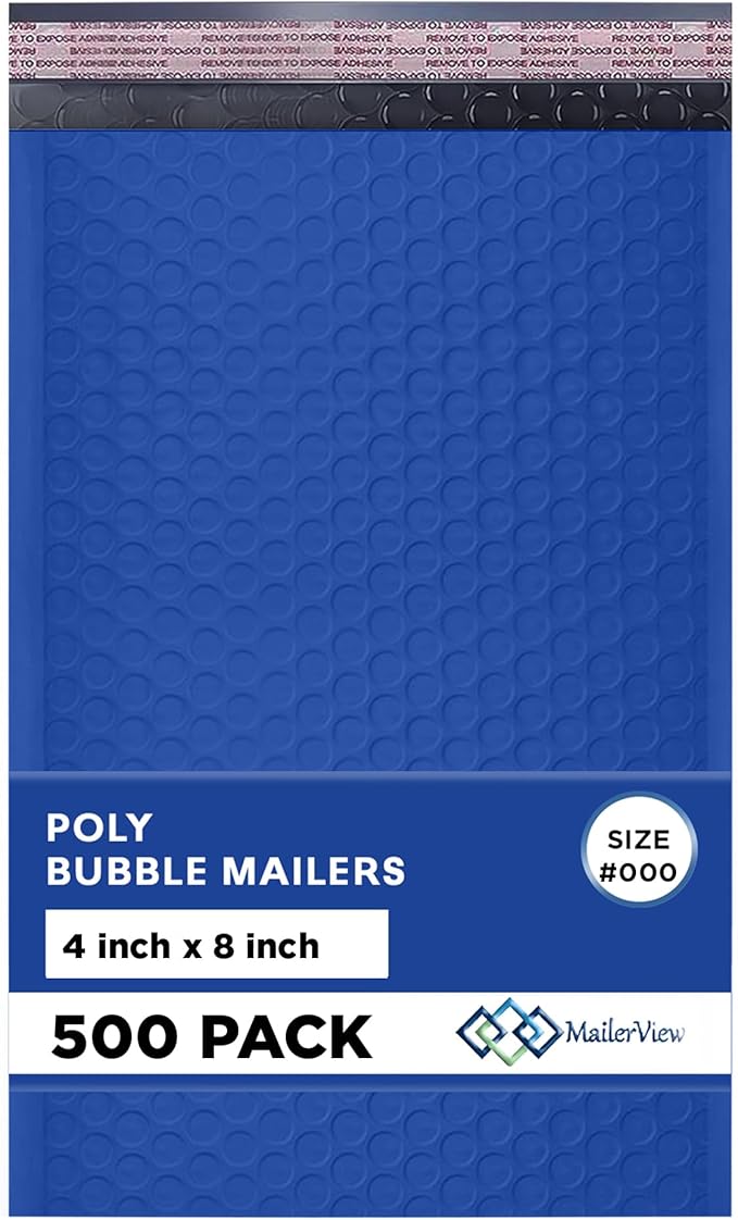MAILERVIEW Royal Blue Small Bubble Mailers 4x8 Inch #000 | Thick Padded Poly Bubble Mailer Envelopes | 500 Pack Bulk | Trading Card Sports Card Shipping